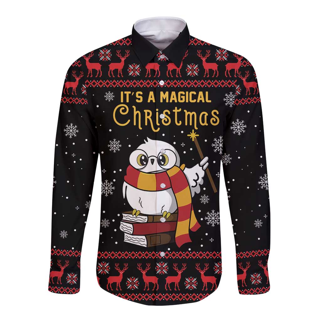 Magical Christmas Long Sleeve Button Shirt Owl Book Xmas DT04 - Wonder Print Shop