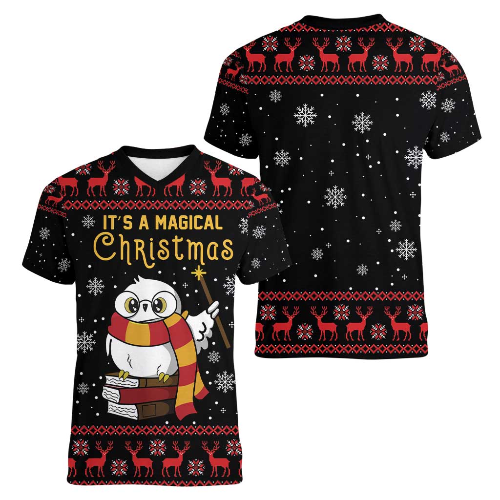 Magical Christmas Women V-Neck T-Shirt Owl Book Xmas DT04 - Wonder Print Shop
