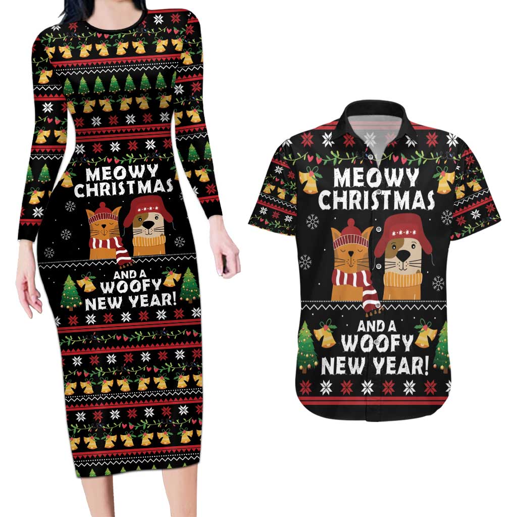 Meowy Christmas And Woofy New Year Couples Matching Long Sleeve Bodycon Dress and Hawaiian Shirt DT04 - Wonder Print Shop