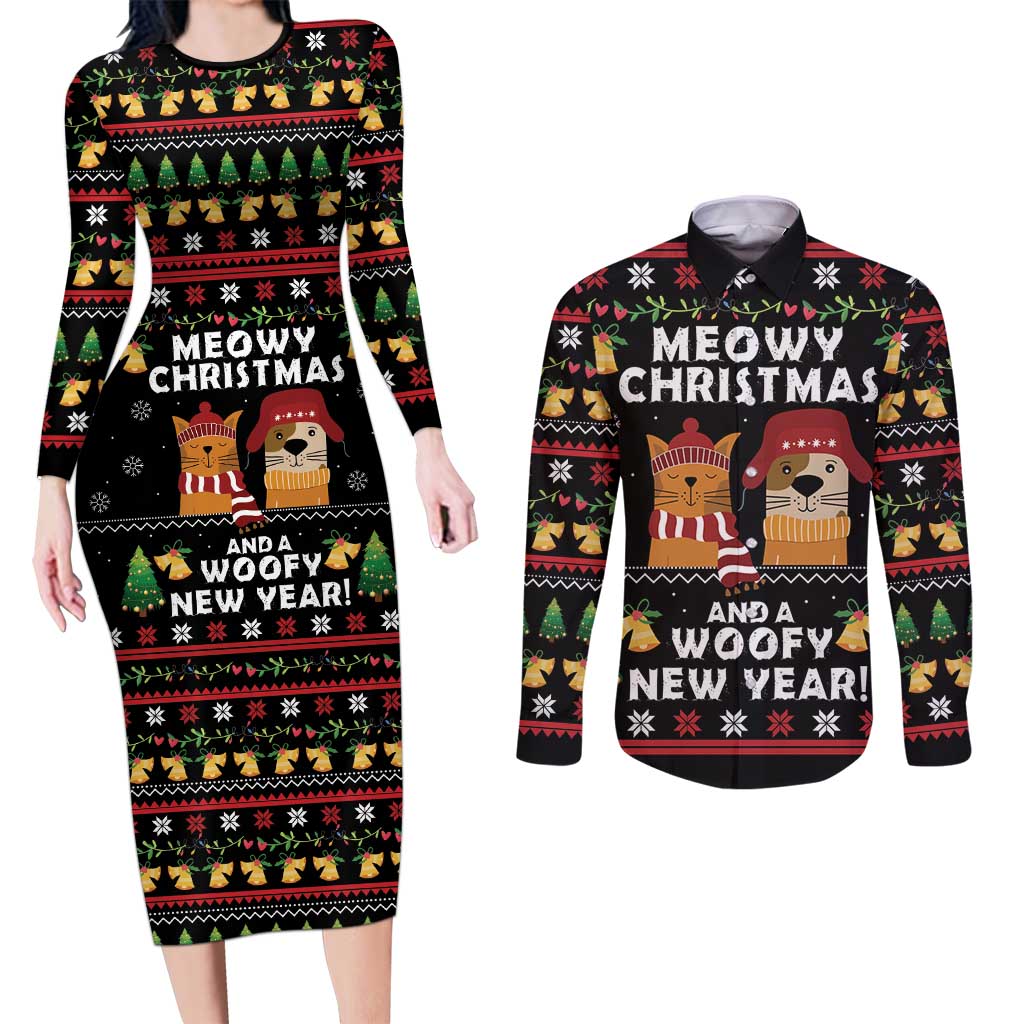 Meowy Christmas And Woofy New Year Couples Matching Long Sleeve Bodycon Dress and Long Sleeve Button Shirt DT04 - Wonder Print Shop