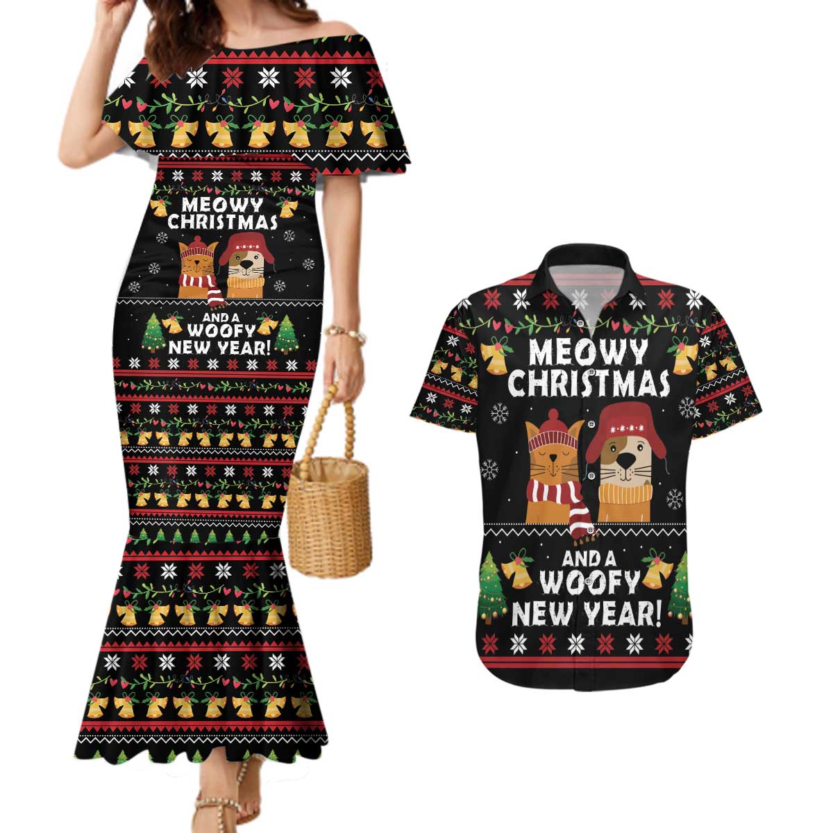 Meowy Christmas And Woofy New Year Couples Matching Mermaid Dress and Hawaiian Shirt DT04 - Wonder Print Shop
