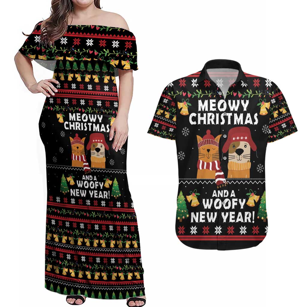 Meowy Christmas And Woofy New Year Couples Matching Off Shoulder Maxi Dress and Hawaiian Shirt DT04 - Wonder Print Shop