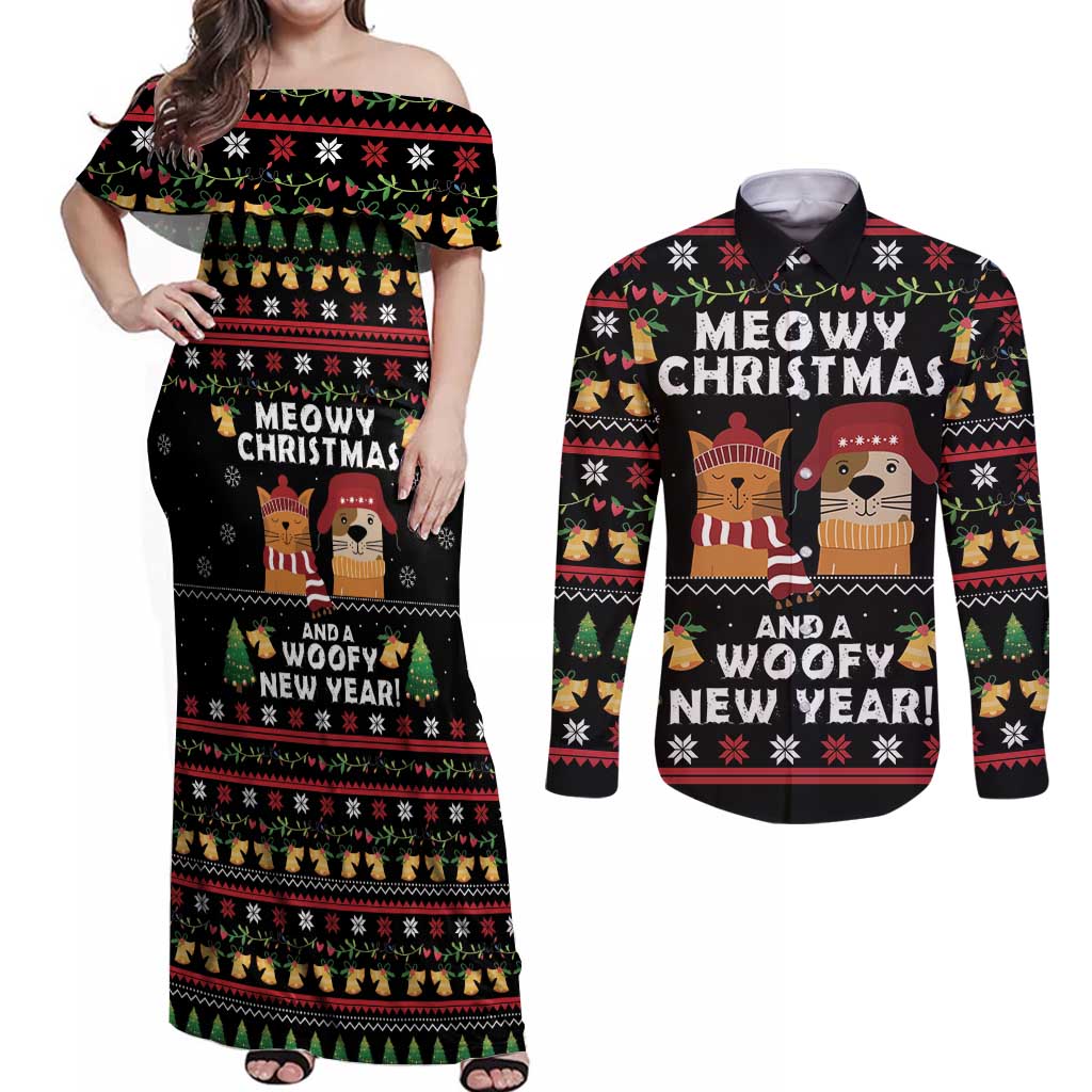 Meowy Christmas And Woofy New Year Couples Matching Off Shoulder Maxi Dress and Long Sleeve Button Shirt DT04 - Wonder Print Shop