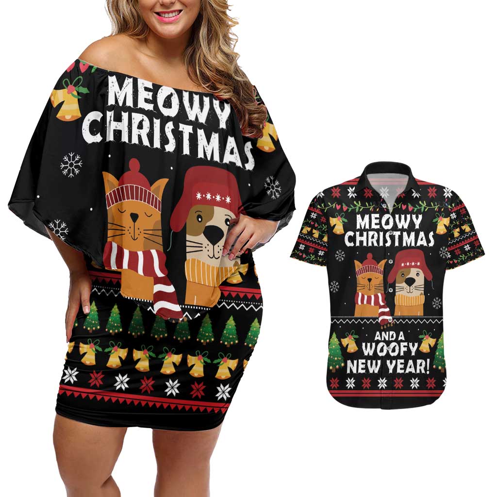 Meowy Christmas And Woofy New Year Couples Matching Off Shoulder Short Dress and Hawaiian Shirt DT04 - Wonder Print Shop