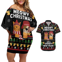 Meowy Christmas And Woofy New Year Couples Matching Off Shoulder Short Dress and Hawaiian Shirt DT04 - Wonder Print Shop