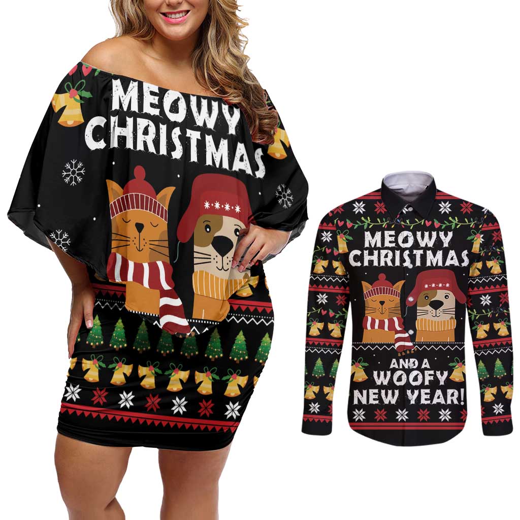 Meowy Christmas And Woofy New Year Couples Matching Off Shoulder Short Dress and Long Sleeve Button Shirt DT04 - Wonder Print Shop
