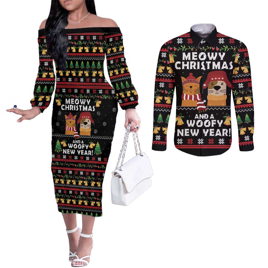 Meowy Christmas And Woofy New Year Couples Matching Off The Shoulder Long Sleeve Dress and Long Sleeve Button Shirt