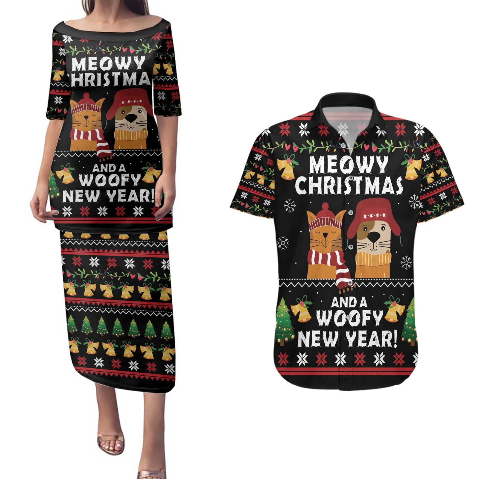 Meowy Christmas And Woofy New Year Couples Matching Puletasi and Hawaiian Shirt DT04 - Wonder Print Shop