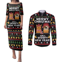 Meowy Christmas And Woofy New Year Couples Matching Puletasi and Long Sleeve Button Shirt DT04 - Wonder Print Shop