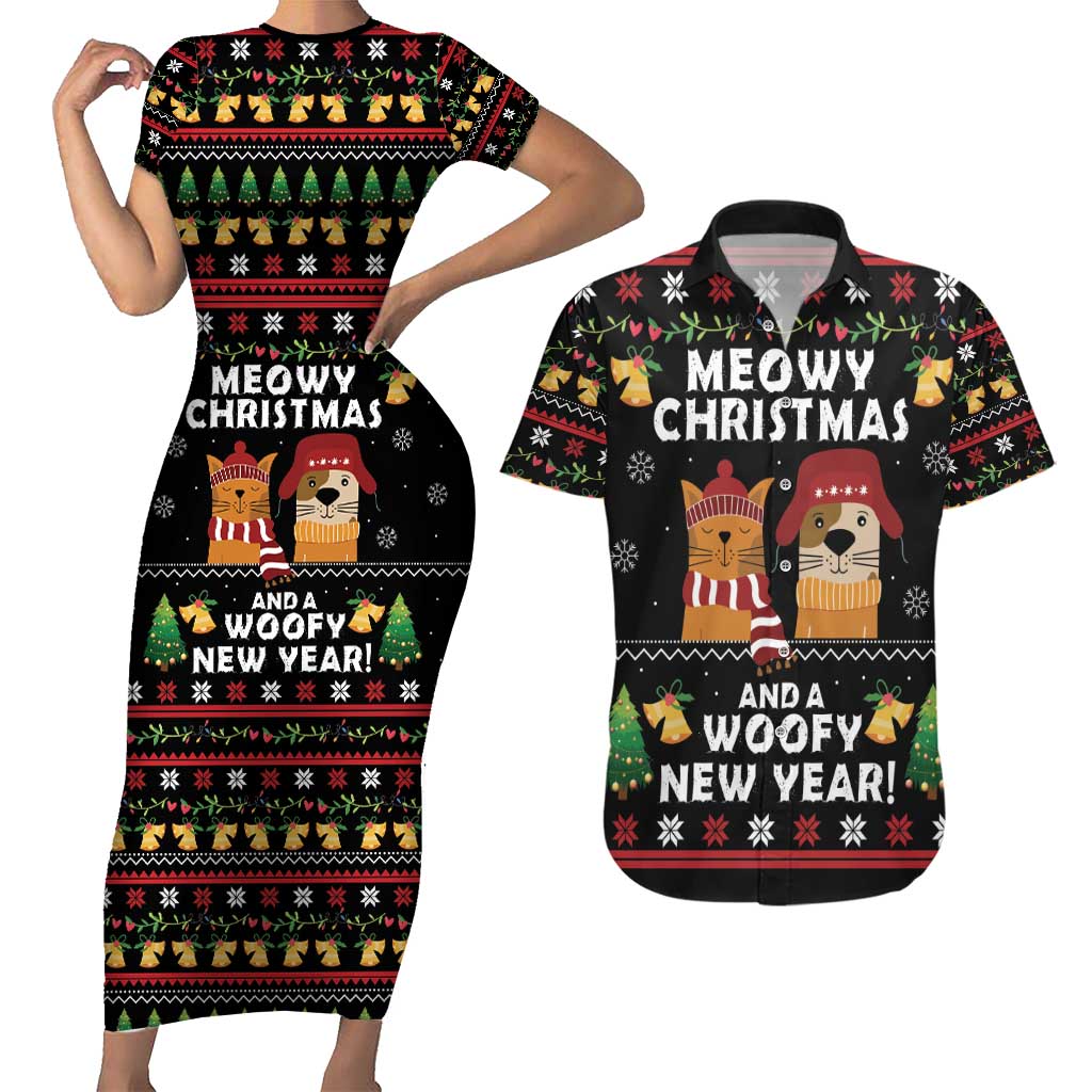 Meowy Christmas And Woofy New Year Couples Matching Short Sleeve Bodycon Dress and Hawaiian Shirt DT04 - Wonder Print Shop