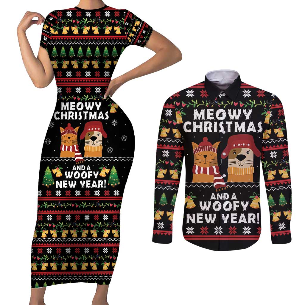 Meowy Christmas And Woofy New Year Couples Matching Short Sleeve Bodycon Dress and Long Sleeve Button Shirt DT04 - Wonder Print Shop