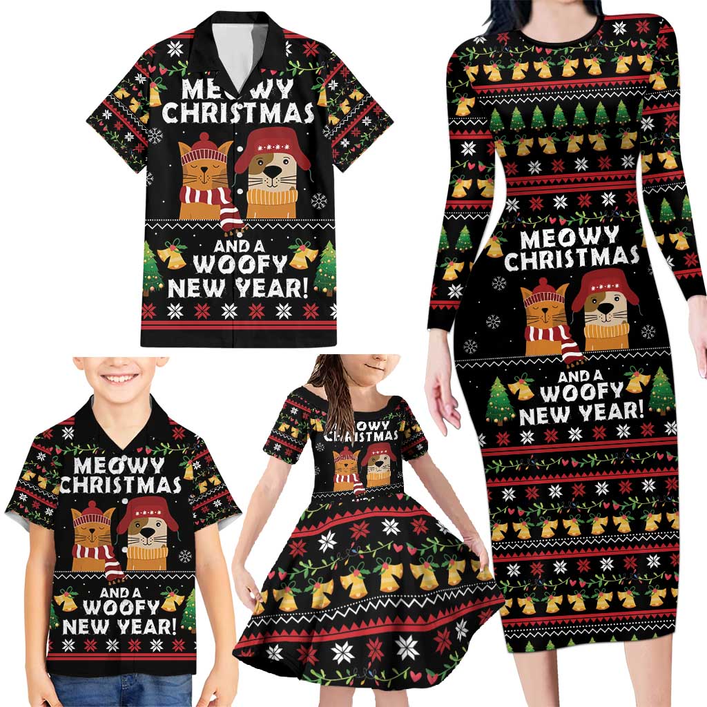 Meowy Christmas And Woofy New Year Family Matching Long Sleeve Bodycon Dress and Hawaiian Shirt DT04 - Wonder Print Shop
