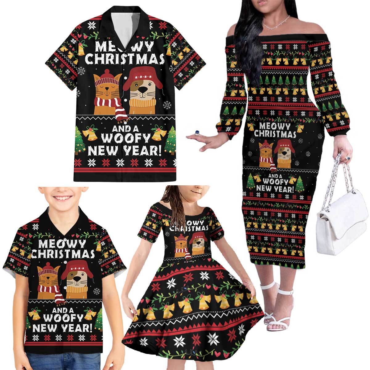 Meowy Christmas And Woofy New Year Family Matching Off The Shoulder Long Sleeve Dress and Hawaiian Shirt DT04 - Wonder Print Shop