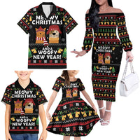 Meowy Christmas And Woofy New Year Family Matching Off The Shoulder Long Sleeve Dress and Hawaiian Shirt DT04 - Wonder Print Shop