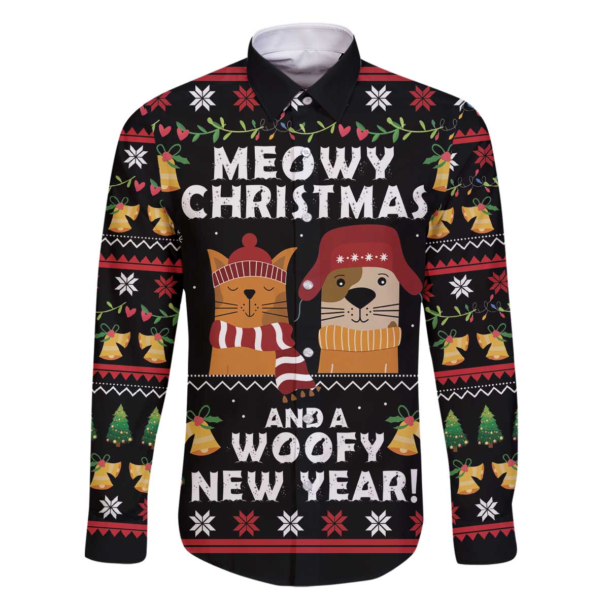Meowy Christmas And Woofy New Year Family Matching Off The Shoulder Long Sleeve Dress and Hawaiian Shirt DT04 - Wonder Print Shop