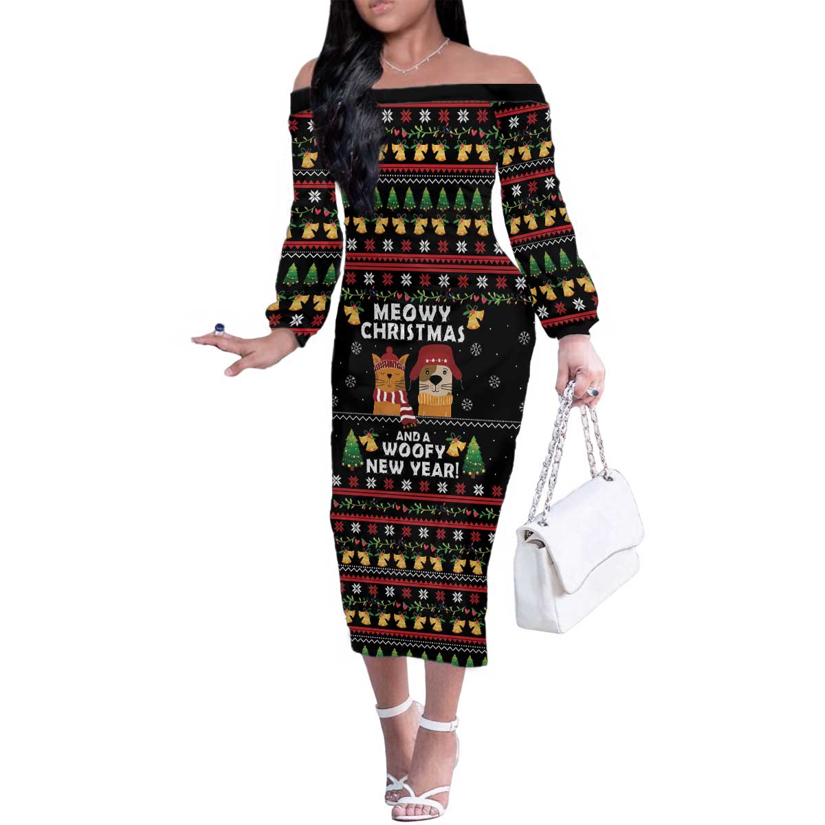 Meowy Christmas And Woofy New Year Family Matching Off The Shoulder Long Sleeve Dress and Hawaiian Shirt DT04 - Wonder Print Shop