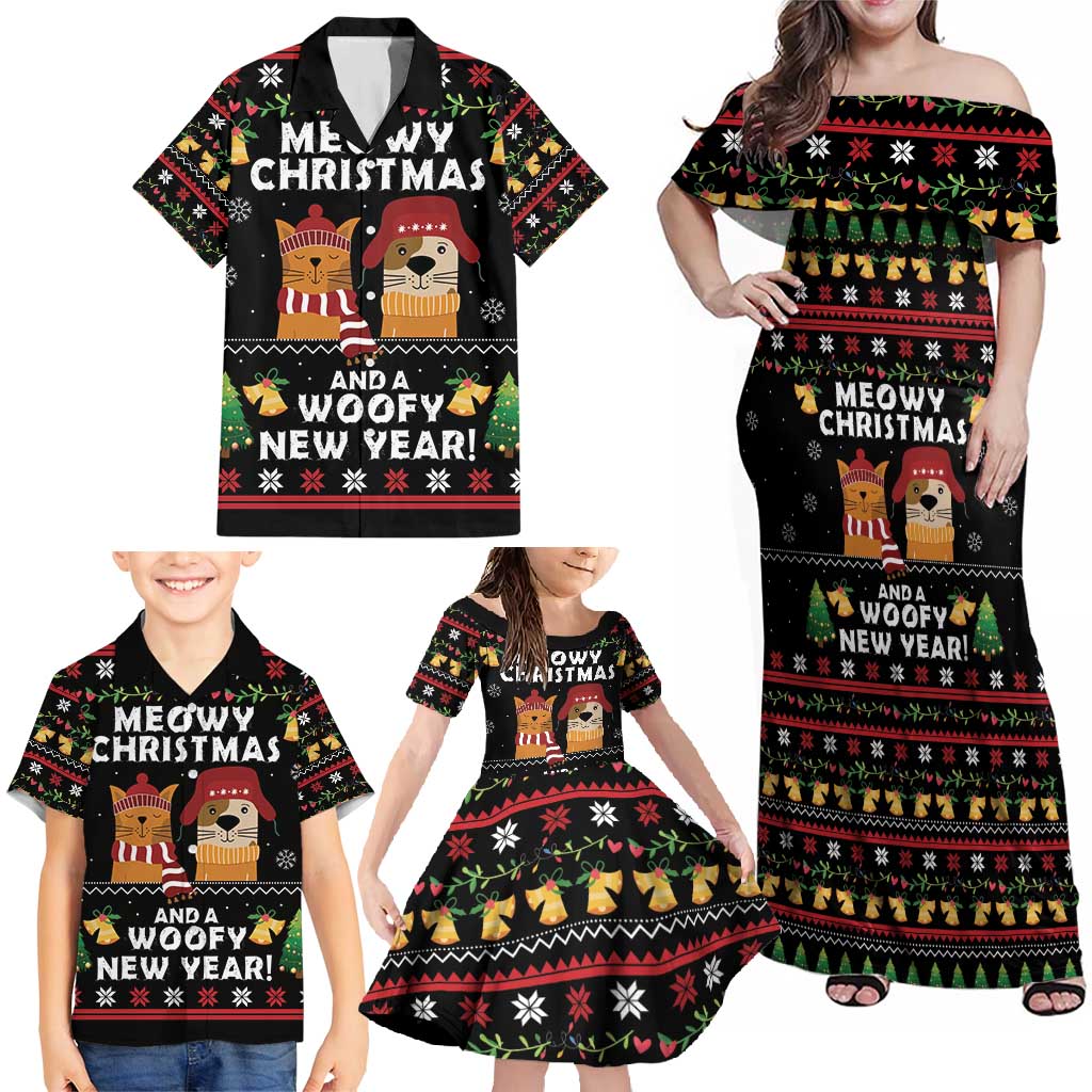 Meowy Christmas And Woofy New Year Family Matching Off Shoulder Maxi Dress and Hawaiian Shirt DT04 - Wonder Print Shop