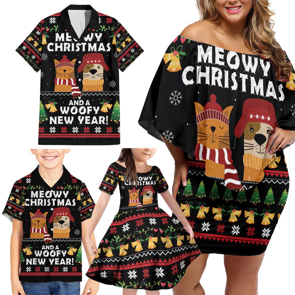Meowy Christmas And Woofy New Year Family Matching Off Shoulder Short Dress and Hawaiian Shirt DT04 - Wonder Print Shop