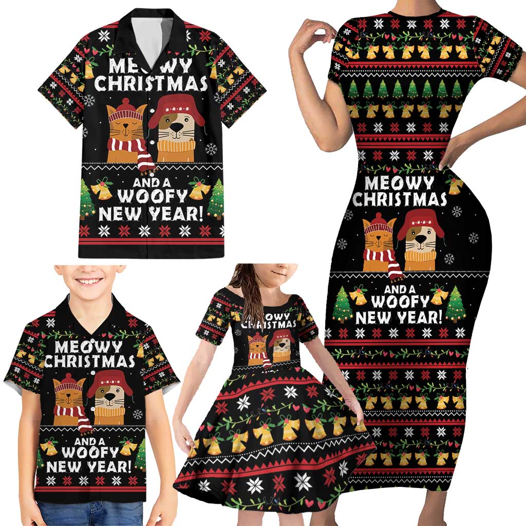Meowy Christmas And Woofy New Year Family Matching Short Sleeve Bodycon Dress and Hawaiian Shirt DT04 - Wonder Print Shop