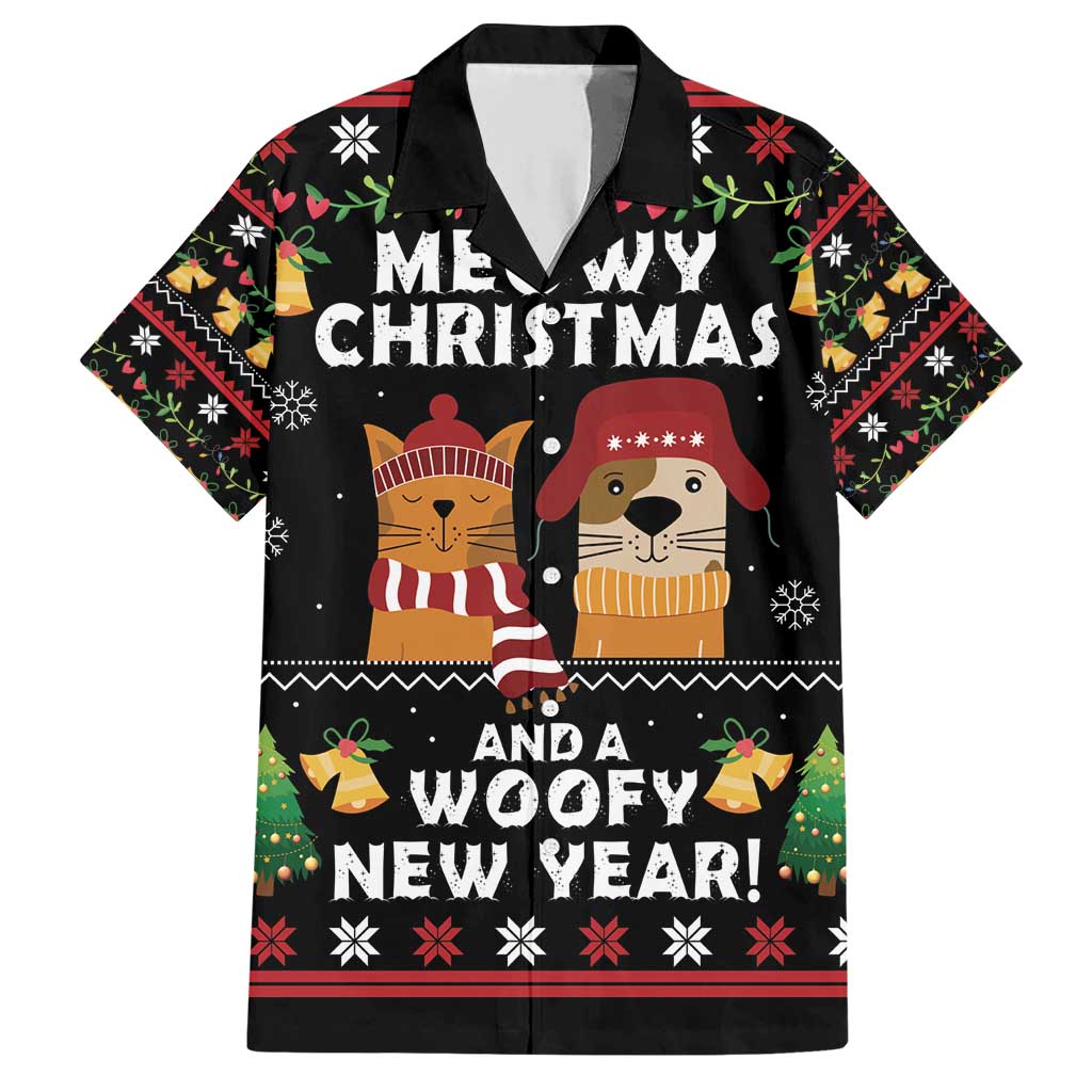 Meowy Christmas And Woofy New Year Family Matching Short Sleeve Bodycon Dress and Hawaiian Shirt DT04 - Wonder Print Shop