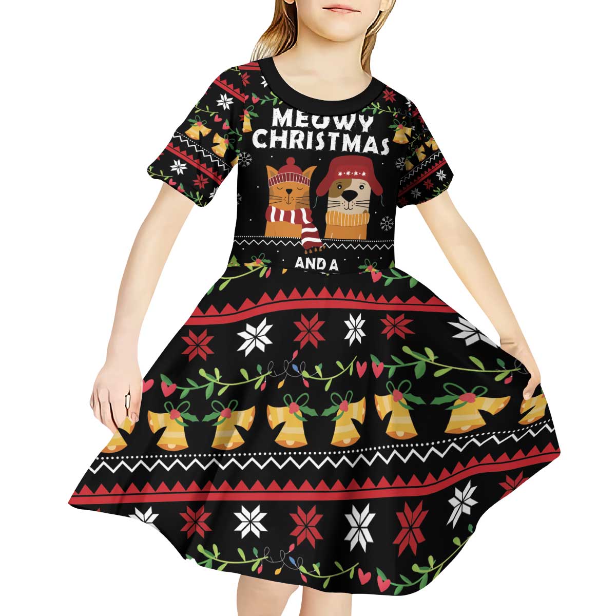 Meowy Christmas And Woofy New Year Kid Short Sleeve Dress DT04 - Wonder Print Shop