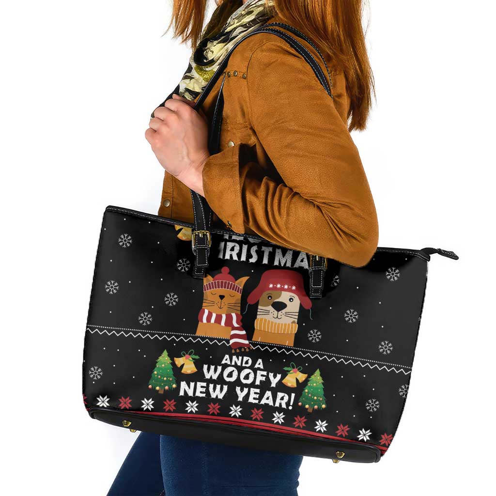Meowy Christmas And Woofy New Year Leather Tote Bag DT04 - Wonder Print Shop
