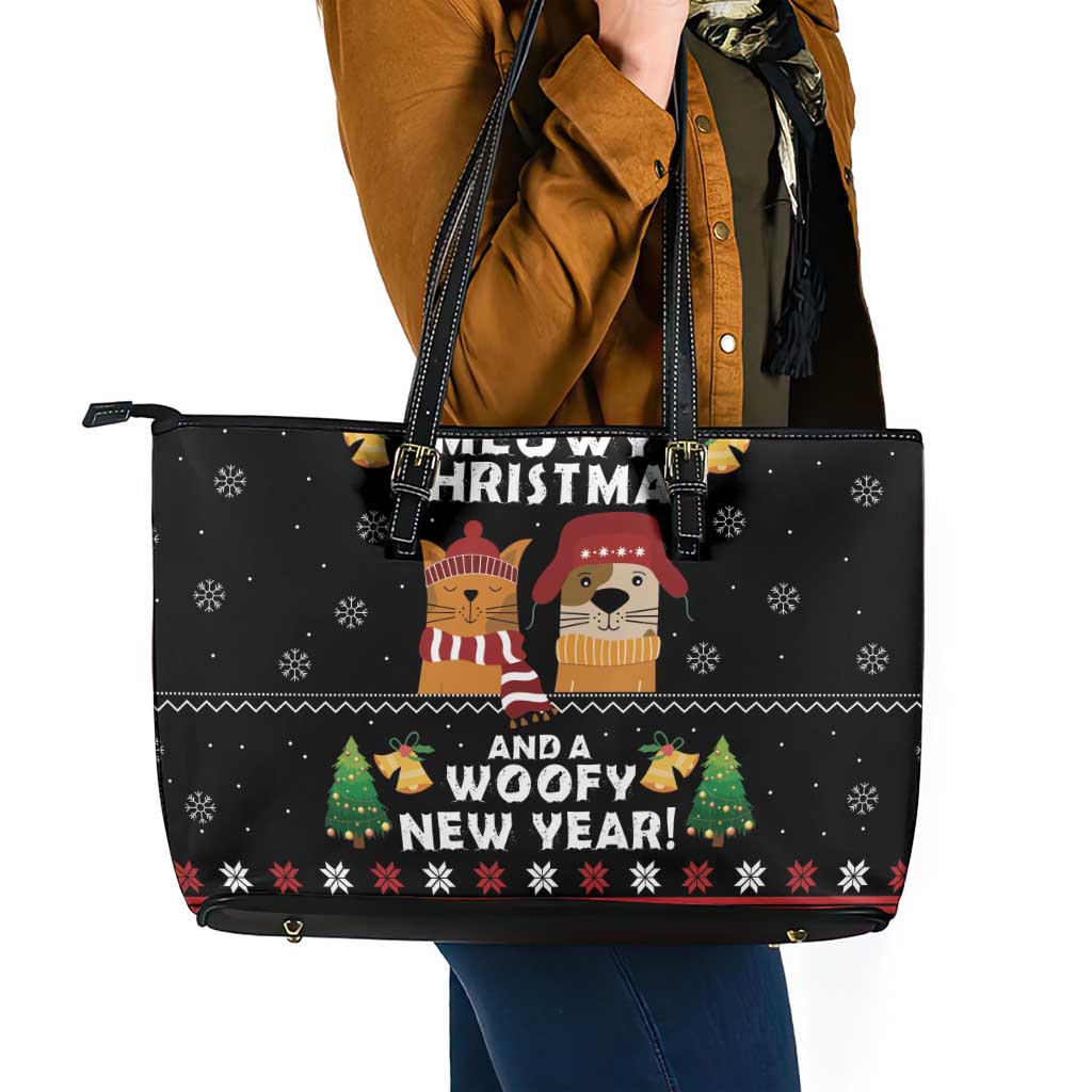 Meowy Christmas And Woofy New Year Leather Tote Bag DT04 - Wonder Print Shop