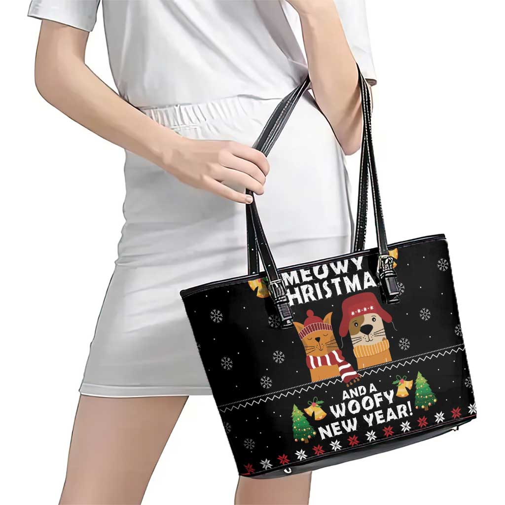Meowy Christmas And Woofy New Year Leather Tote Bag DT04 - Wonder Print Shop