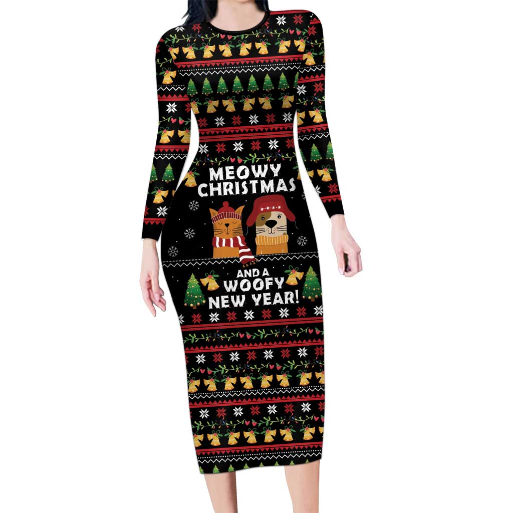 Meowy Christmas And Woofy New Year Long Sleeve Bodycon Dress DT04 - Wonder Print Shop