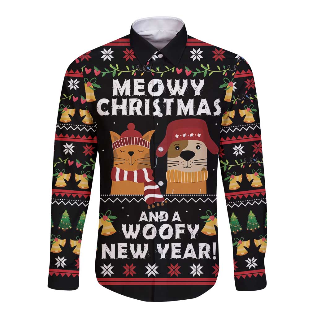 Meowy Christmas And Woofy New Year Long Sleeve Button Shirt DT04 - Wonder Print Shop
