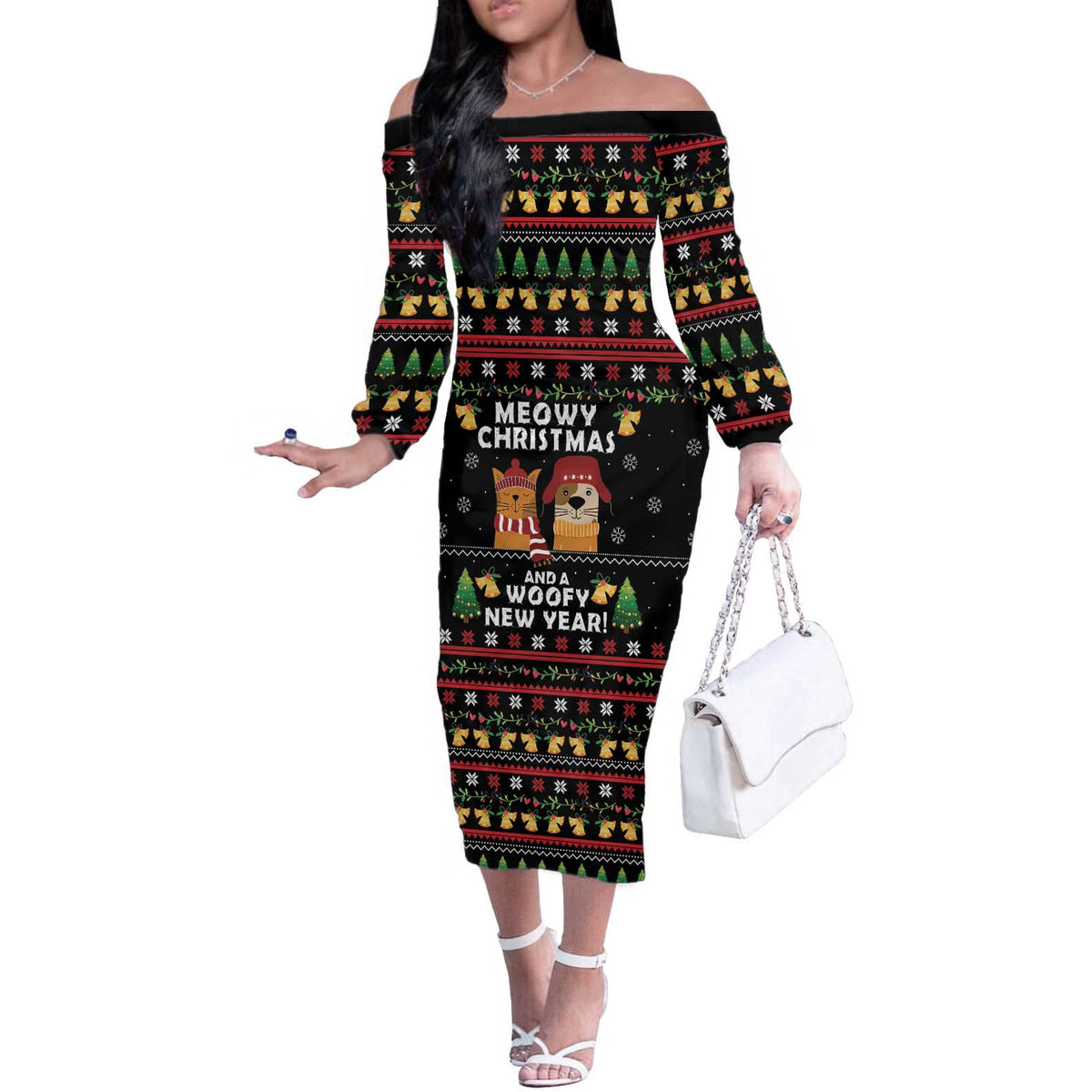 Meowy Christmas And Woofy New Year Off The Shoulder Long Sleeve Dress DT04 - Wonder Print Shop