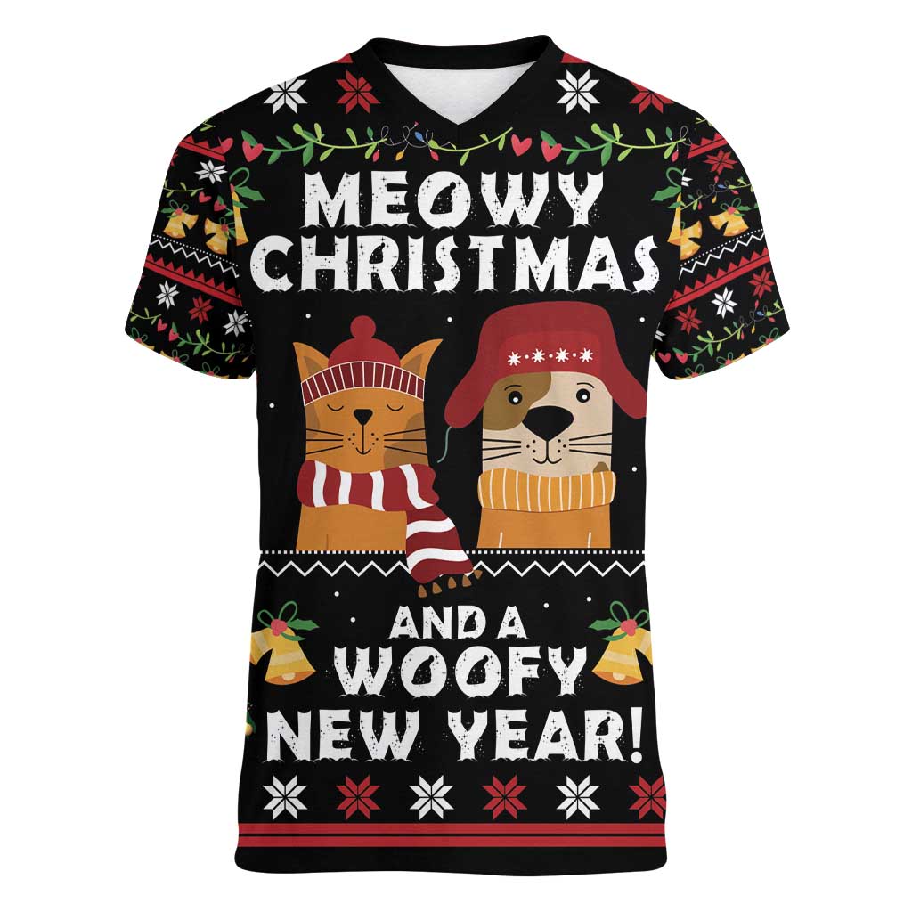 Meowy Christmas And Woofy New Year Women V-Neck T-Shirt DT04 - Wonder Print Shop