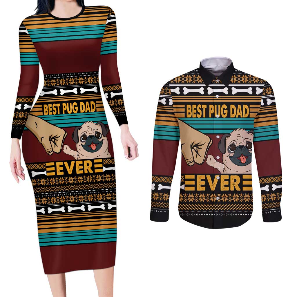 Best Pug Dad Ever Couples Matching Long Sleeve Bodycon Dress and Long Sleeve Button Shirt Pug Dog Christmas Awesome Dad DT04 - Wonder Print Shop