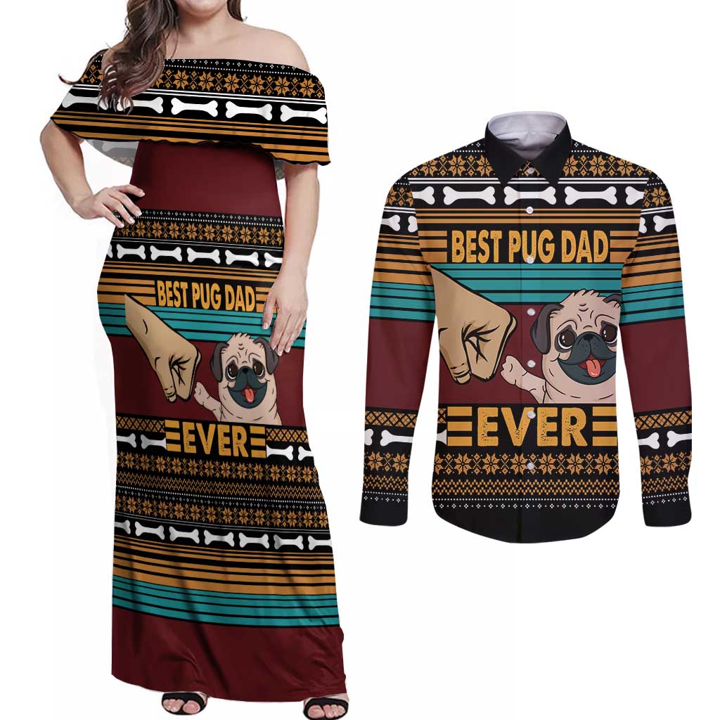 Best Pug Dad Ever Couples Matching Off Shoulder Maxi Dress and Long Sleeve Button Shirt Pug Dog Christmas Awesome Dad DT04 - Wonder Print Shop