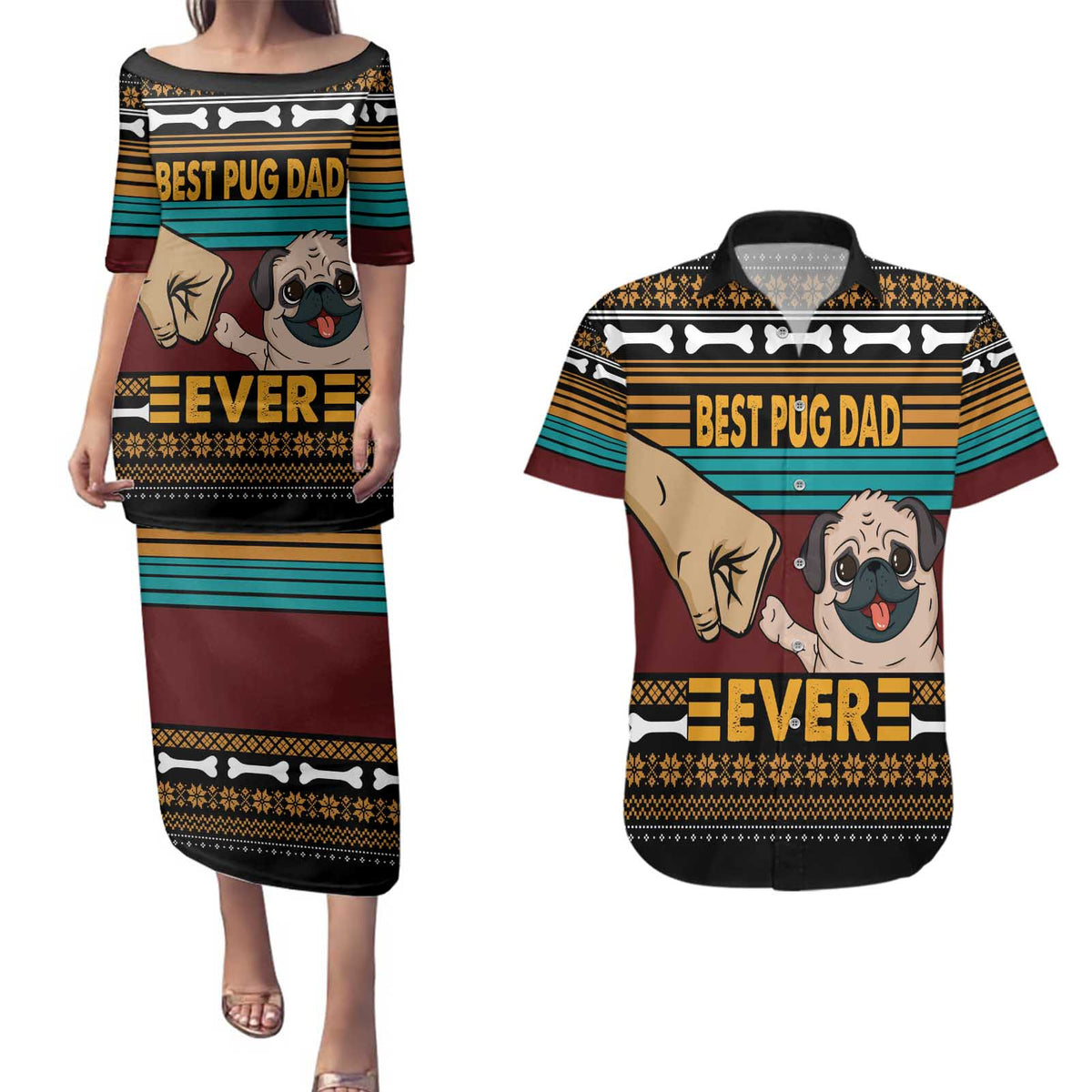 Best Pug Dad Ever Couples Matching Puletasi and Hawaiian Shirt Pug Dog Christmas Awesome Dad DT04 - Wonder Print Shop