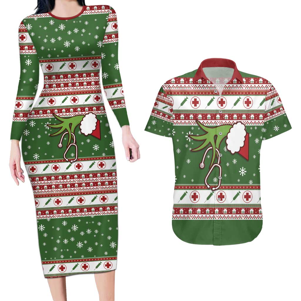 Nurse Couples Matching Long Sleeve Bodycon Dress and Hawaiian Shirt Nurse Grinch Christmas DT04 - Wonder Print Shop