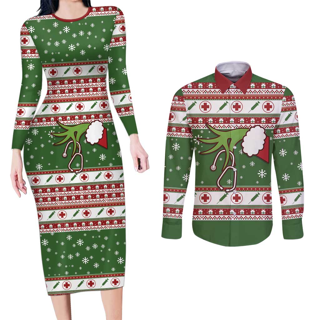 Nurse Couples Matching Long Sleeve Bodycon Dress and Long Sleeve Button Shirt Nurse Grinch Christmas DT04 - Wonder Print Shop