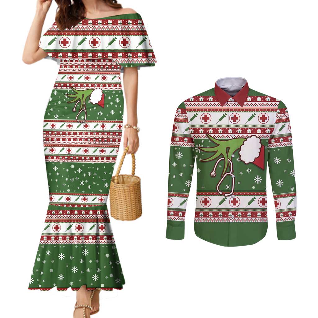 Nurse Couples Matching Mermaid Dress and Long Sleeve Button Shirt Nurse Grinch Christmas