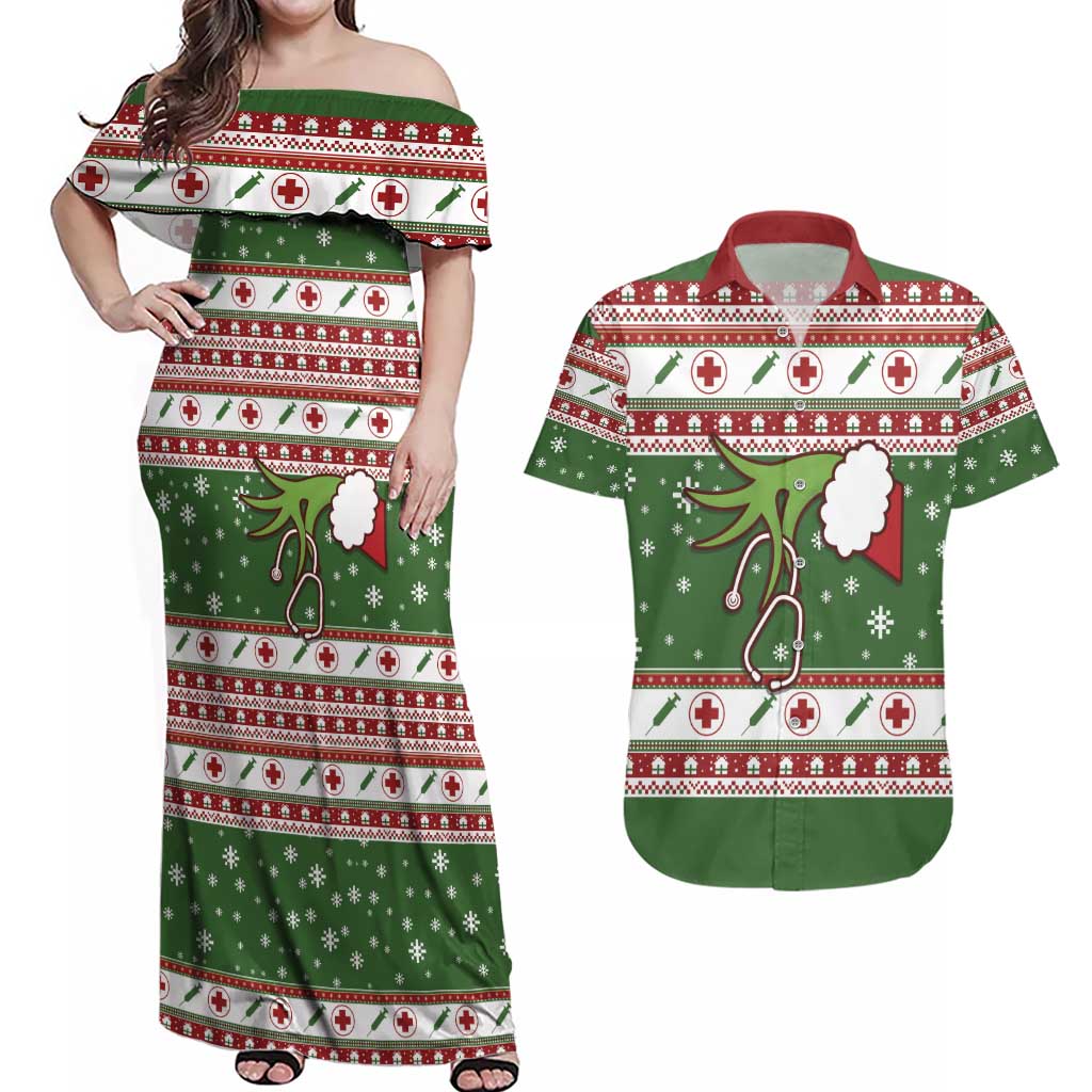 Nurse Couples Matching Off Shoulder Maxi Dress and Hawaiian Shirt Nurse Grinch Christmas DT04 - Wonder Print Shop