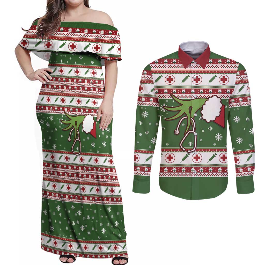 Nurse Couples Matching Off Shoulder Maxi Dress and Long Sleeve Button Shirt Nurse Grinch Christmas DT04 - Wonder Print Shop