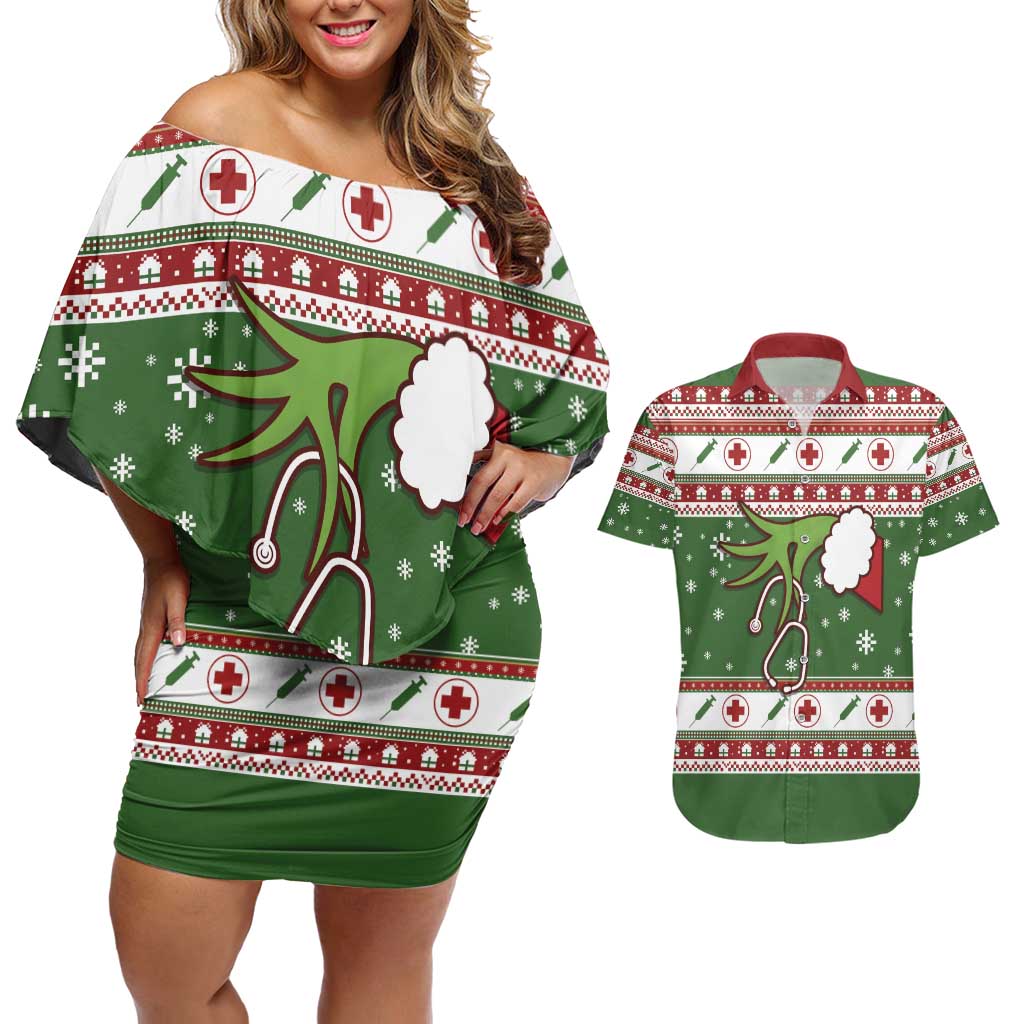 Nurse Couples Matching Off Shoulder Short Dress and Hawaiian Shirt Nurse Grinch Christmas DT04 - Wonder Print Shop