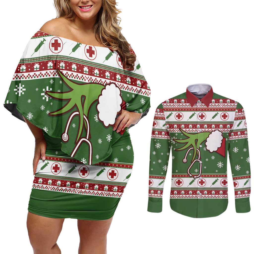 Nurse Couples Matching Off Shoulder Short Dress and Long Sleeve Button Shirt Nurse Grinch Christmas DT04 - Wonder Print Shop