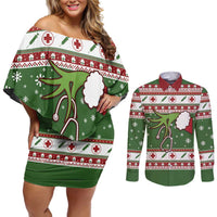 Nurse Couples Matching Off Shoulder Short Dress and Long Sleeve Button Shirt Nurse Grinch Christmas DT04 - Wonder Print Shop