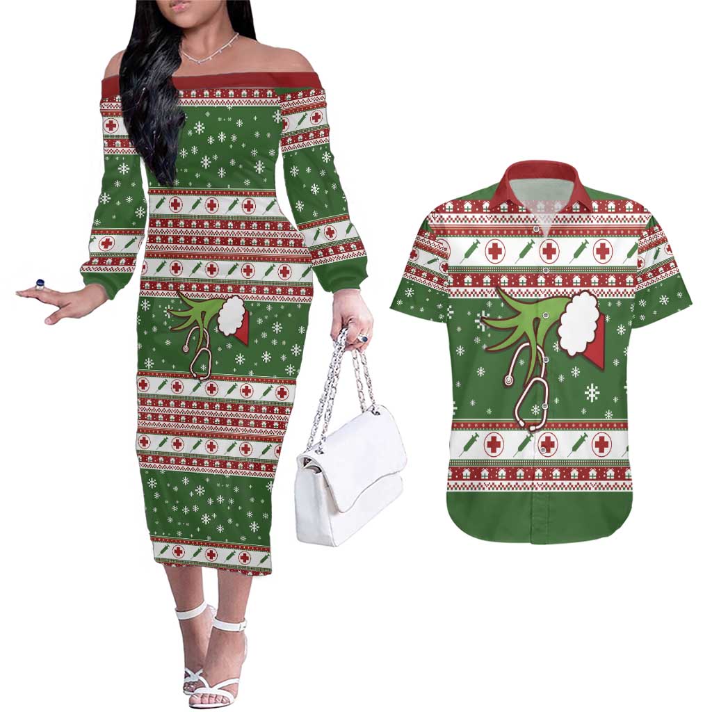 Nurse Couples Matching Off The Shoulder Long Sleeve Dress and Hawaiian Shirt Nurse Grinch Christmas DT04 - Wonder Print Shop