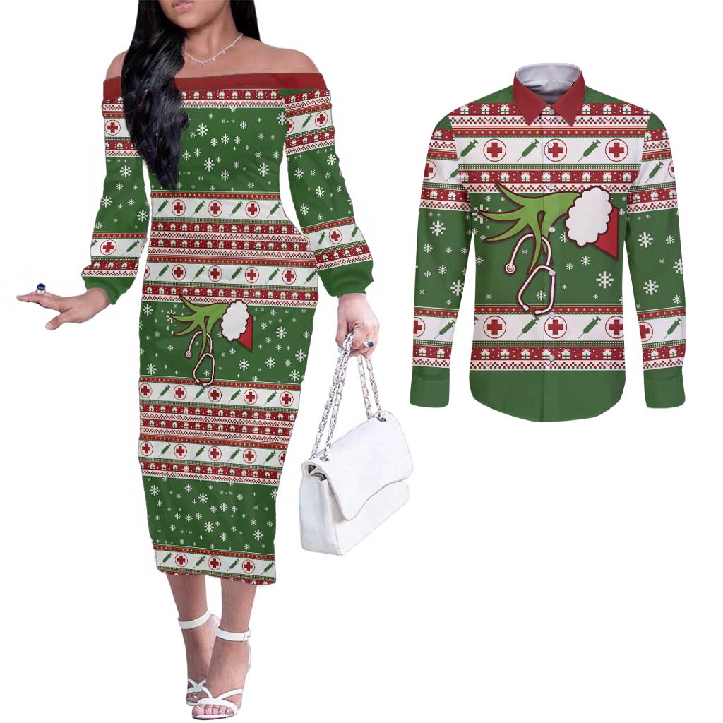 Nurse Couples Matching Off The Shoulder Long Sleeve Dress and Long Sleeve Button Shirt Nurse Grinch Christmas