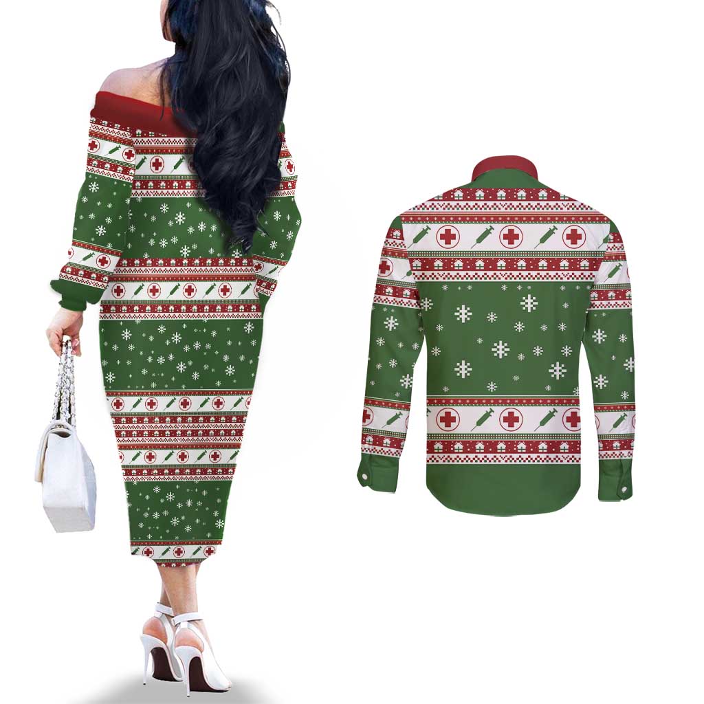 Nurse Couples Matching Off The Shoulder Long Sleeve Dress and Long Sleeve Button Shirt Nurse Grinch Christmas
