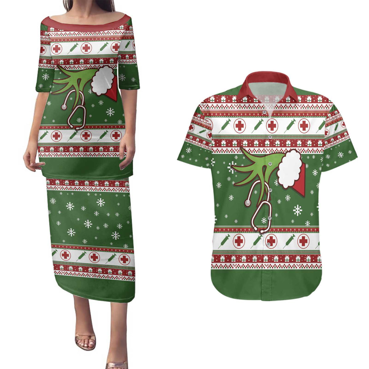Nurse Couples Matching Puletasi and Hawaiian Shirt Nurse Grinch Christmas DT04 - Wonder Print Shop