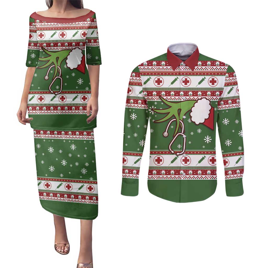 Nurse Couples Matching Puletasi and Long Sleeve Button Shirt Nurse Grinch Christmas DT04 - Wonder Print Shop