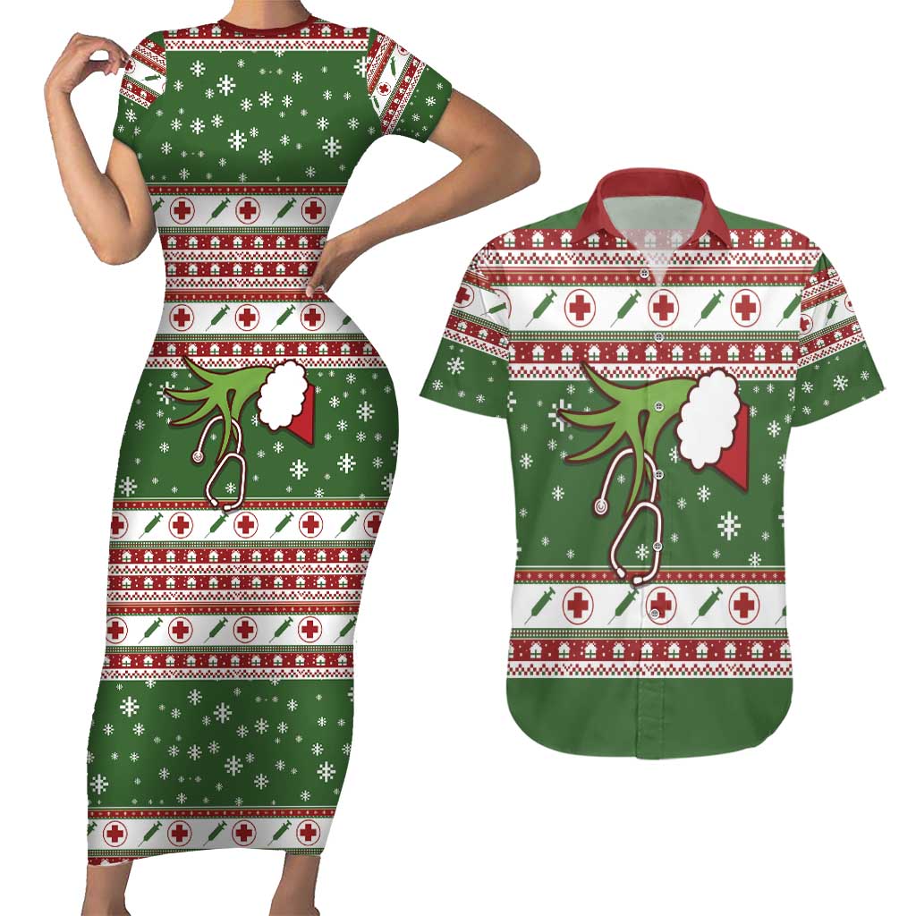 Nurse Couples Matching Short Sleeve Bodycon Dress and Hawaiian Shirt Nurse Grinch Christmas DT04 - Wonder Print Shop