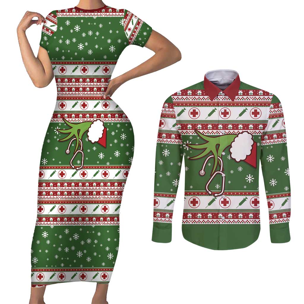 Nurse Couples Matching Short Sleeve Bodycon Dress and Long Sleeve Button Shirt Nurse Grinch Christmas DT04 - Wonder Print Shop